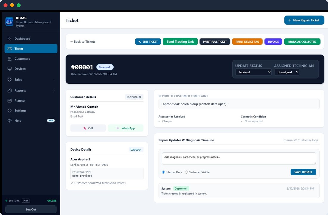 Halaman detail tiket pembaikan RBMS dengan butang Call, WhatsApp dan Send Tracking Link
