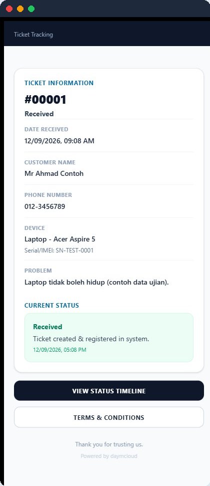 Halaman tracking status pembaikan yang pelanggan boleh lihat sendiri di telefon, tanpa log masuk